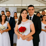 Casal celebrando união no Casamento Comunitário em Extrema.
