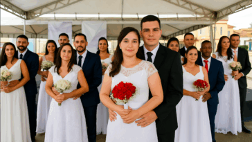 Casal celebrando união no Casamento Comunitário em Extrema.