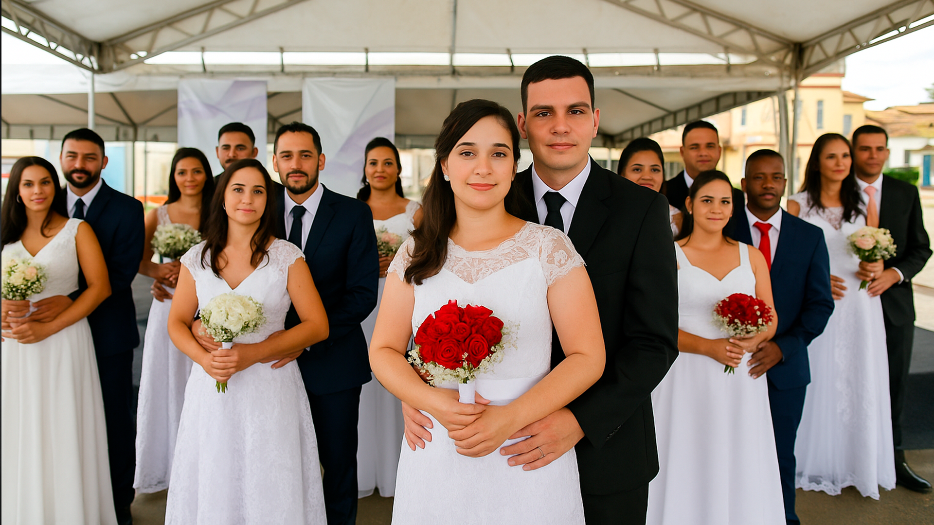 Casal celebrando união no Casamento Comunitário em Extrema.